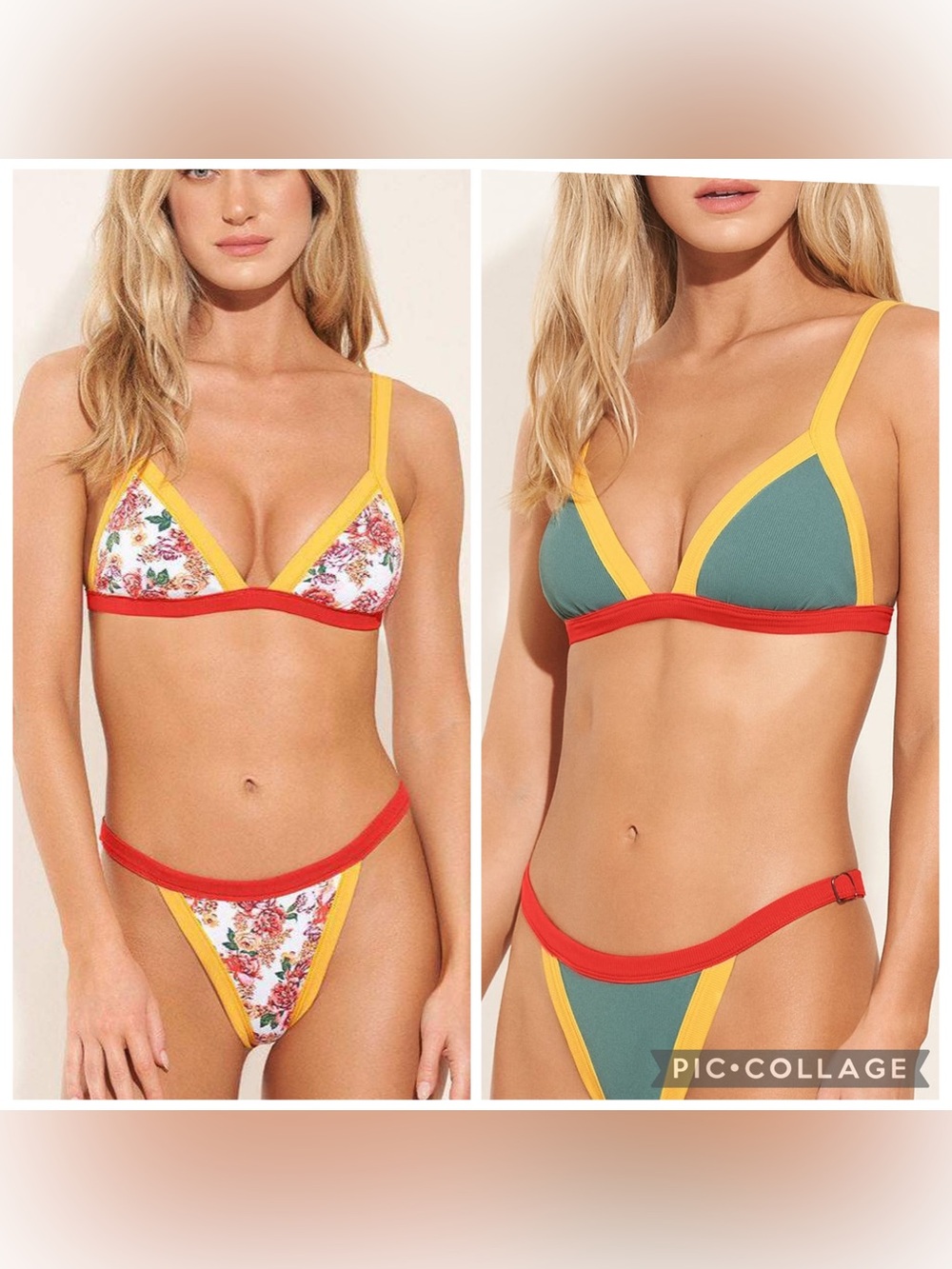 Maaji Sexy Yellow-Trim Red-Band Floral & Teal Triangle Bikini - Reversible